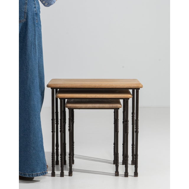 1970s Set Of Three Cast Iron Nesting Tables With Wooden Tops For Sale - Image 9 of 13