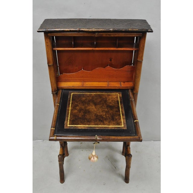 Late 19th Century Antique English Victorian Bamboo Chinoiserie Compact Fall Front Secretary Desk For Sale - Image 5 of 18