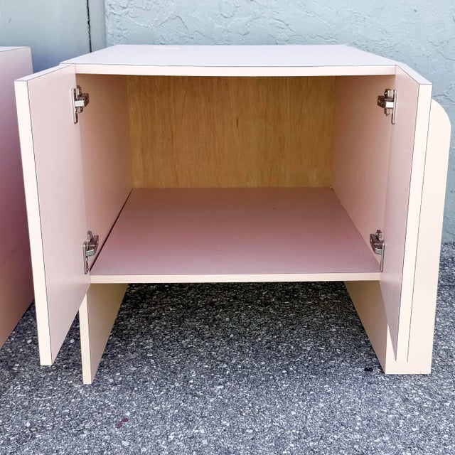 Wood Art Deco Pink Laminate Waterfall Cabinet/Nightstands - A Pair For Sale - Image 7 of 11