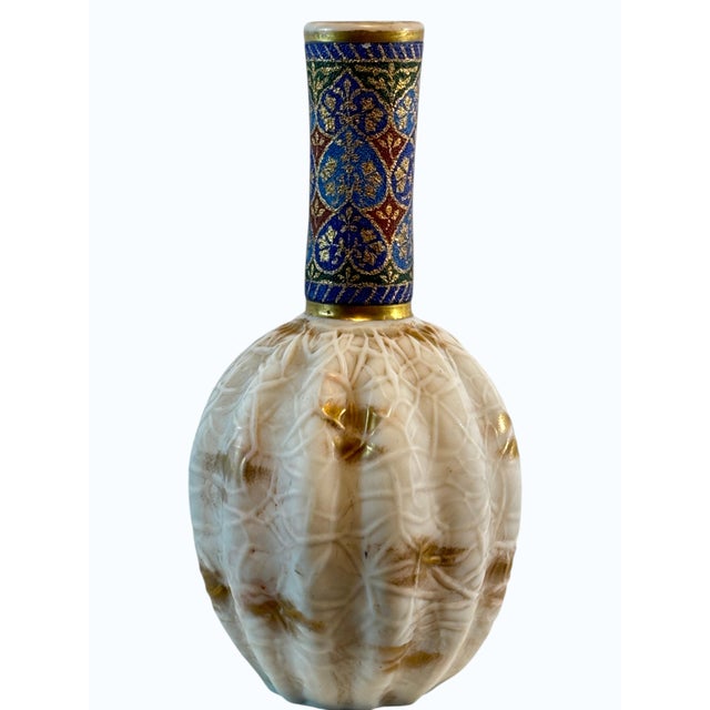 Art Nouveau Tall Art Glass Vase With Melon Ribbing, Gilt and Enamel Opal Glass Attributed to Harrach, 1880s-1920's. For Sale - Image 3 of 15
