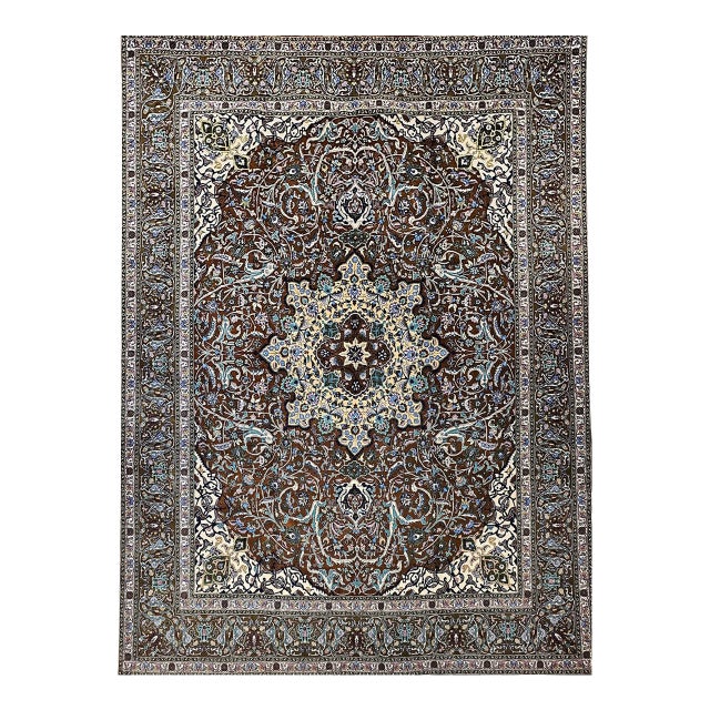 Vintage Persian Tabriz Rug, Hand-Knotted Wool, Mythical Firebird Motif, Brown & Ivory, 10x13 For Sale
