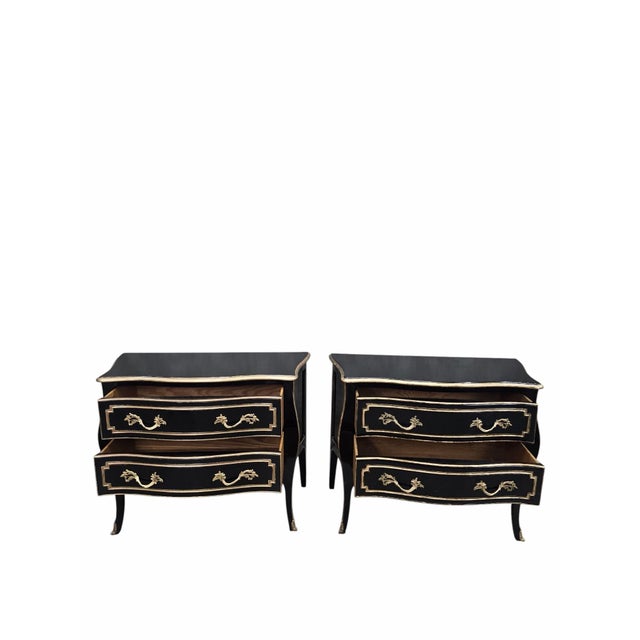 Vintage Louis XV Style Black Lacquer Bombe Commodes by Bodart - Pair For Sale - Image 12 of 12