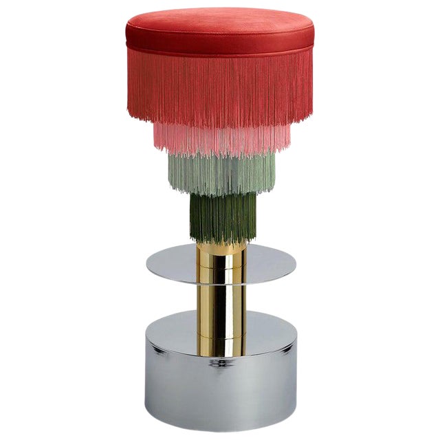 Deja Vu Red and Green Stool With 24-Karat Gold-Plated Metal and Velvet Fringes For Sale