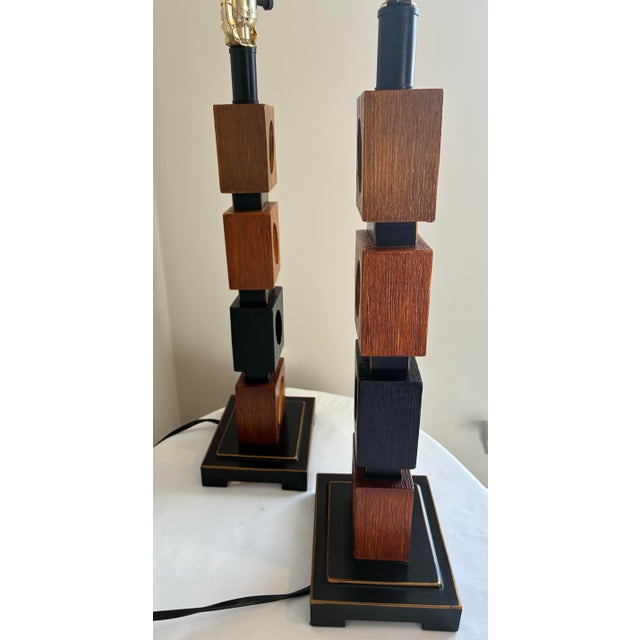Mid-Century Modern Stacked Geometric Wooden Cube Table Lamps - Pair For Sale - Image 4 of 12