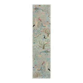 2.6x15ft. Light Blue Peacock Bird Garden Hand Knotted Wool Rug For Sale