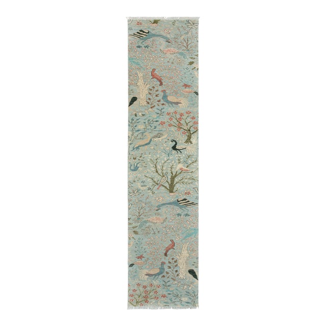 2.6x15ft. Light Blue Peacock Bird Garden Hand Knotted Wool Rug For Sale