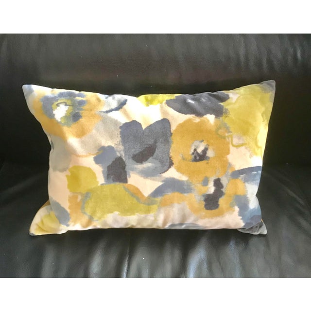 Yellow and Navy Rectangular Watercolor Velvet Pillow With Feather Filling For Sale - Image 4 of 4