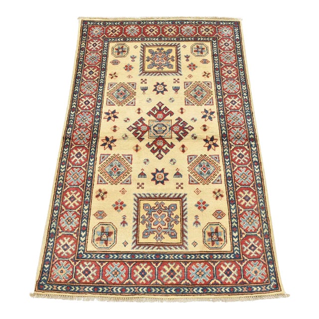 Kazak Rug 3′ X 4’10” Beige Wool Tribal Hand-Knotted Oriental Carpet For Sale