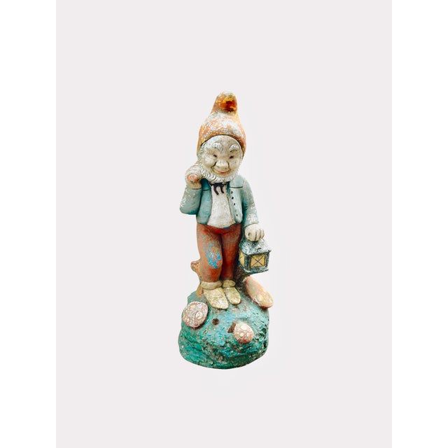 Vintage Concrete Garden Gnome with Weathered Polychrome Paint, 1950s For Sale - Image 13 of 13
