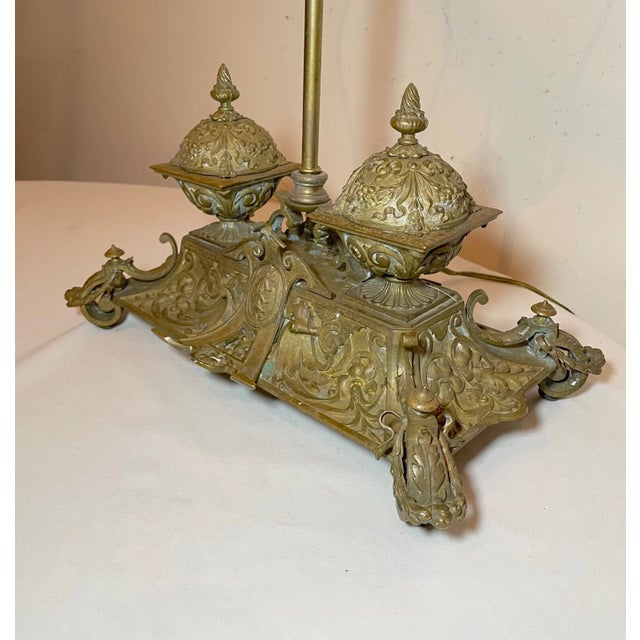 19th Century Antique Ornate 1800's Victorian Gilt Bronze Dual Inkwell Desk Lamp Stand Brass For Sale - Image 5 of 12