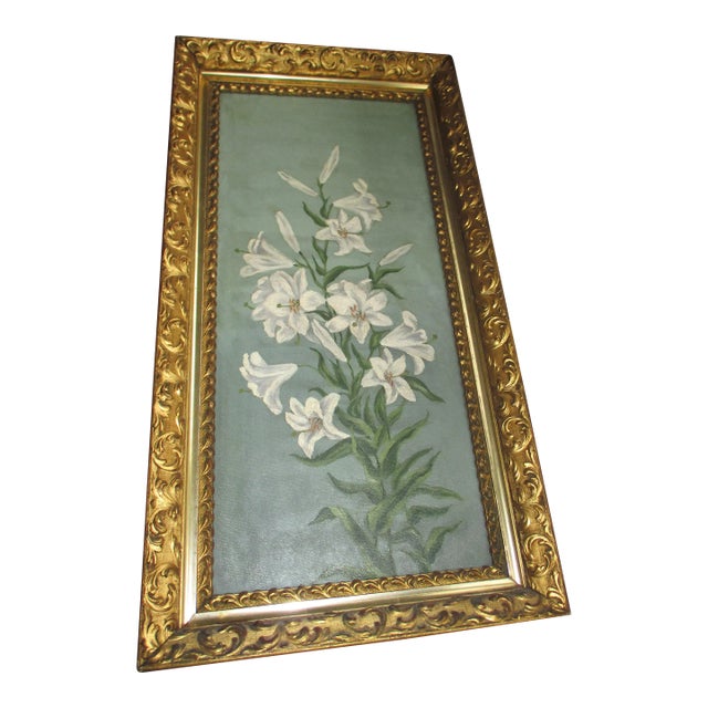 Antique Oil on Canvs White Lily in Fine Ornate Gold Gilt Frame For Sale