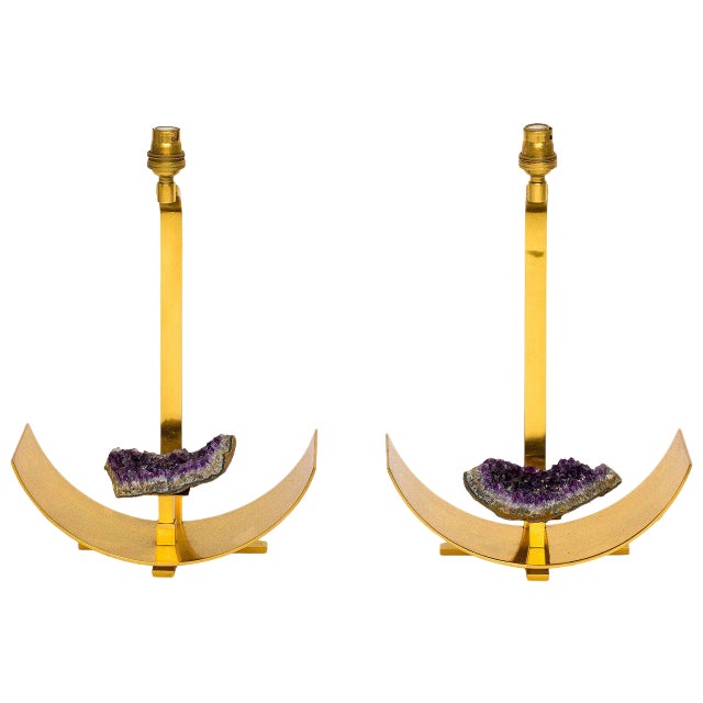 Bronze and Amethyst Lamp in the Manner of Willy Daro - a Pair For Sale