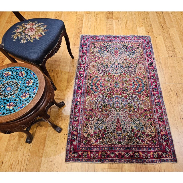 Persian 19th Century Persian Kerman Lavar Rug, Hand-Knotted Wool, All-over Floral Pattern, Ivory & Green, 3x5 For Sale - Image 3 of 13