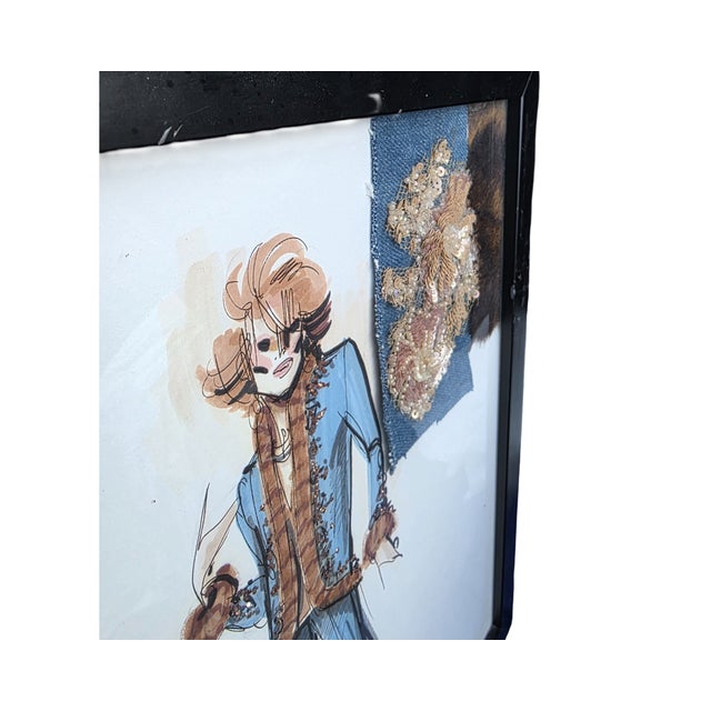 Illustration Late 20th Century Celebrity Designer Mark Zunino Framed Mixed Media Fashion Illustration With Fabric For Sale - Image 3 of 7