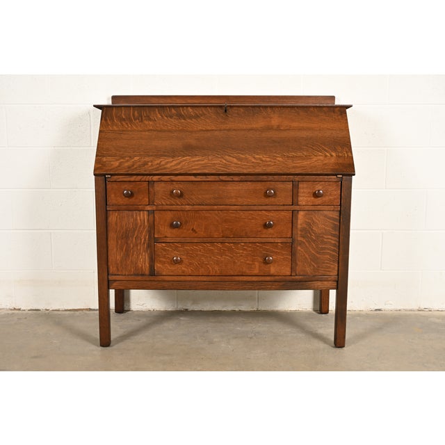 L. & J.G. Stickley, Inc. L. & J. G. Stickley Antique Mission Oak Arts & Crafts Drop Front Secretary Desk, Newly Refinished For Sale - Image 4 of 15