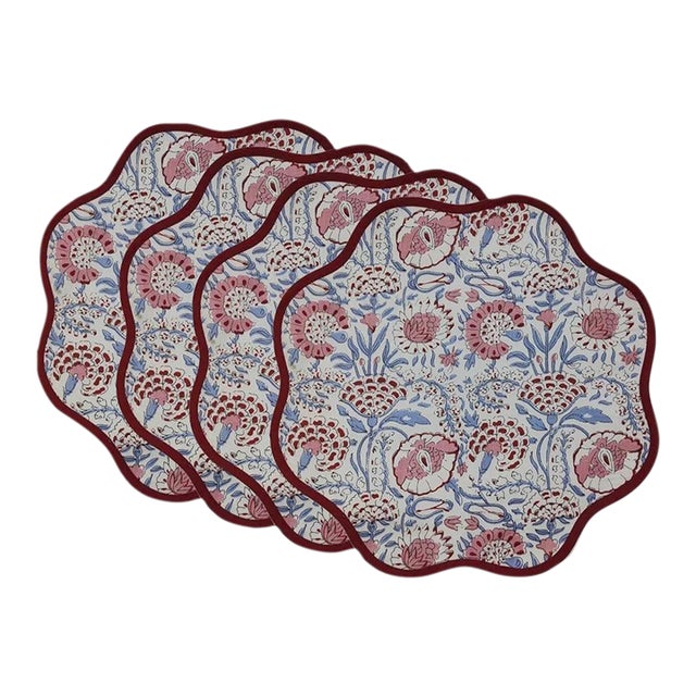 Handmade Round Scalloped White Floral Placemats with Red Trim - Set of 4 For Sale