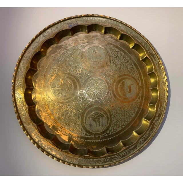 Middle Eastern Hand Engraved Brass Tray With Teak Folding Table Base For Sale - Image 10 of 12