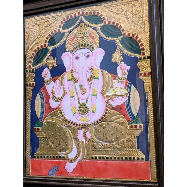 Vintage Traditional Hindu Tanjore Painting: Lord Ganesha For Sale In Portland, OR - Image 6 of 7