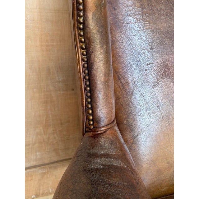 Pair of English Georgian Style Wingback Armchairs - Distressed Brown Leather For Sale In Los Angeles - Image 6 of 17