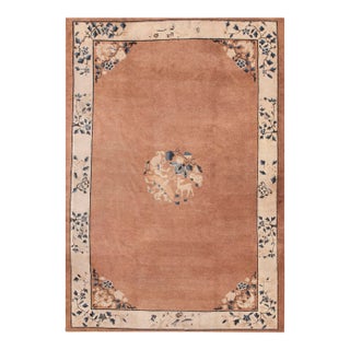 1930s Dusty Rose Medallion Antique Chinese Peking Carpet 6' X 8'8" Knotted Wool Rug For Sale