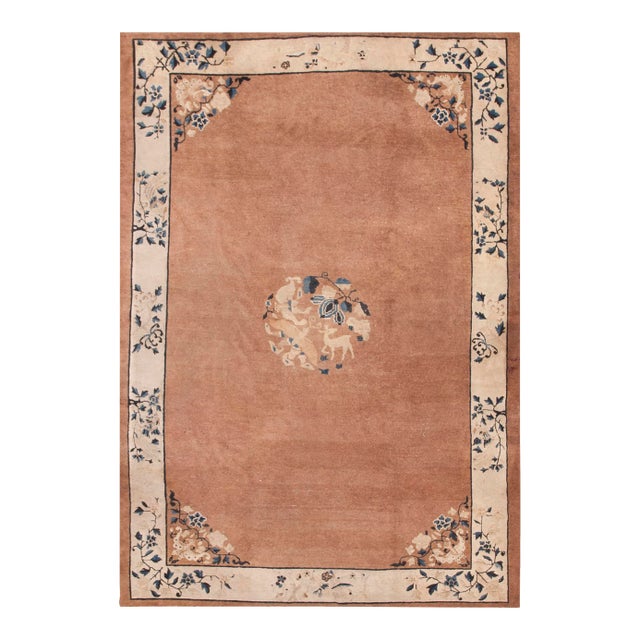 1930s Dusty Rose Medallion Antique Chinese Peking Carpet 6' X 8'8" Knotted Wool Rug For Sale