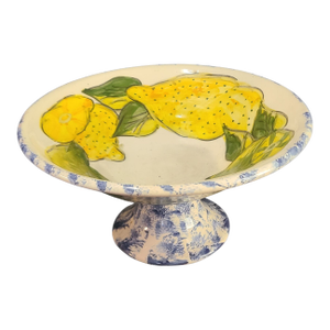 Vintage Italian Painted Lemons Tuscany Terra-Cotta Pottery Center Piece Pedestal Bowl