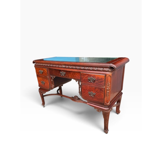 Brown Antique Louis XV Revival Carved Mahogany Desk With Mirrored Top For Sale - Image 8 of 17
