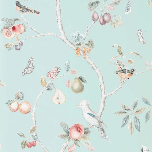 Sanderson Fruit Aviary Wallpaper in Duck Egg/Multi For Sale
