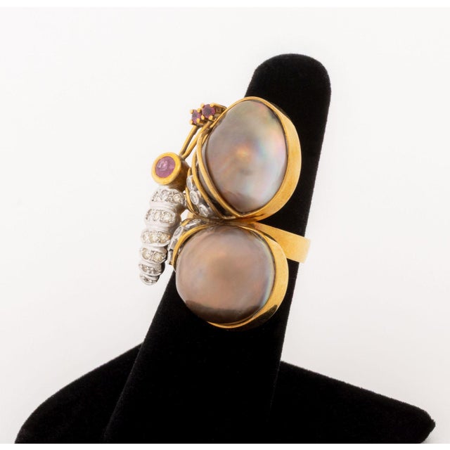 Contemporary 18k Rose Gold, Diamond, Ruby, and Pearl Butterfly-Form Ring For Sale - Image 3 of 9
