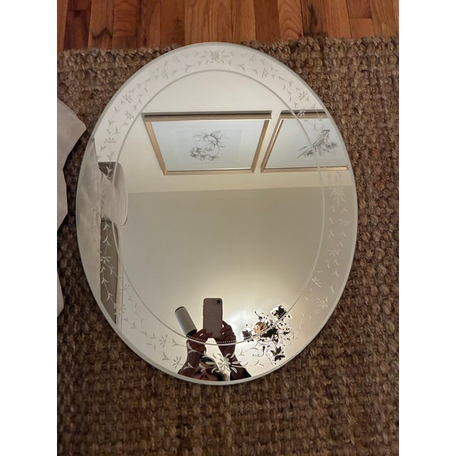 Vintage 1957 Mid-Century Venetian Art Deco Oval Wall Mirror - Frosted & Etched Floral Glass Border, Smooth Wood Backing For Sale In New York - Image 6 of 14