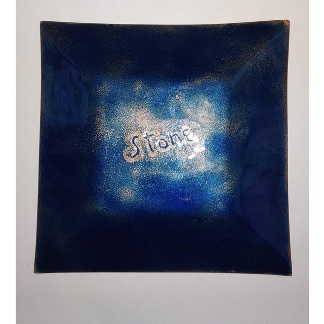 Blue Brilliant Blues -- 20th Century MCM Copper Enamel Geometric Dish / Catchall Signed "Stone" For Sale - Image 8 of 8