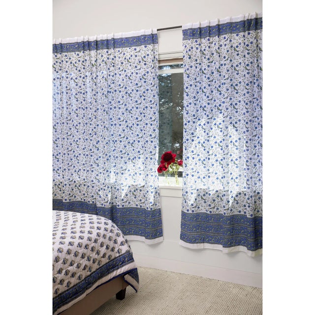 Indian Birds on Vine 45" X 96" Blue Curtain For Sale - Image 3 of 4