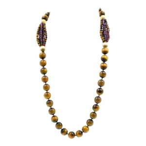 Long Tiger's Eye Amethyst and Garnet Bead Necklace with Gold Filled Ribbed Beads