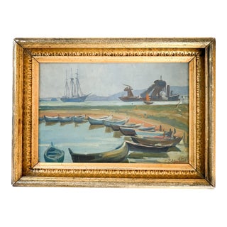 Weathered Signed French Harbor Painting: Vintage Port Scene in Gilt Frame, 1926 For Sale