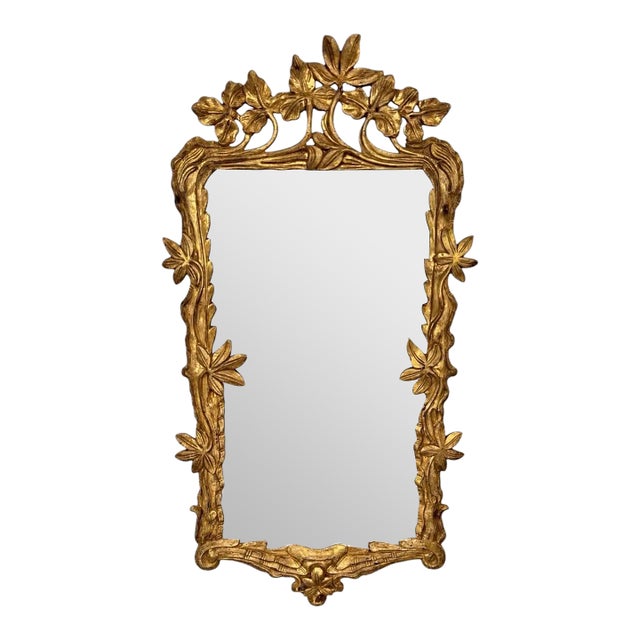 Antique Art Nouveau Giltwood Wall Mirror With Hand Carved Botanical Leaf Frame For Sale