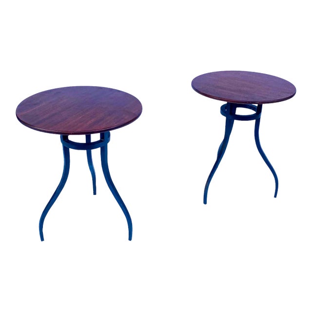 Baker Milling Road Modern British Colonial Style Mahogany & Wrought Iron Side Tables - Pair For Sale