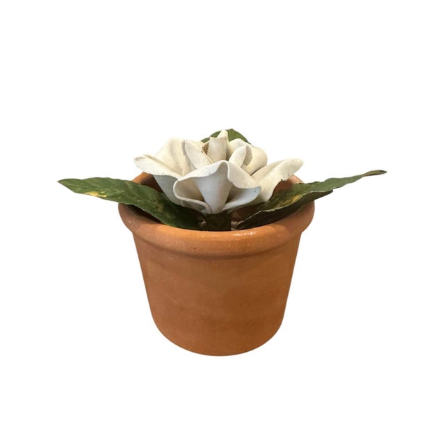 Vintage Petite Potted French Porcelain Bisque & Tole White Rose Flower / Floral Arrangement in Terracotta Pot For Sale - Image 4 of 7