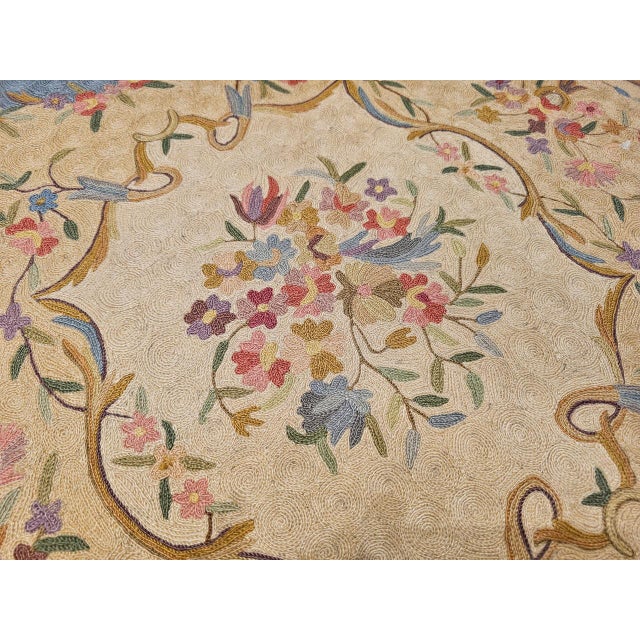Vintage Round Needlepoint Area Rug, Handwoven Wool, Floral Pattern, Blue & Ivory, 4x4 For Sale - Image 4 of 9