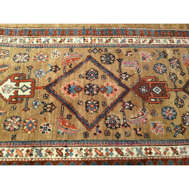 Antique Persian Serab Camel Hair Runner Rug, Hand-Knotted Wool, Geometric Pattern, Red & Green, 4x14 For Sale - Image 10 of 11