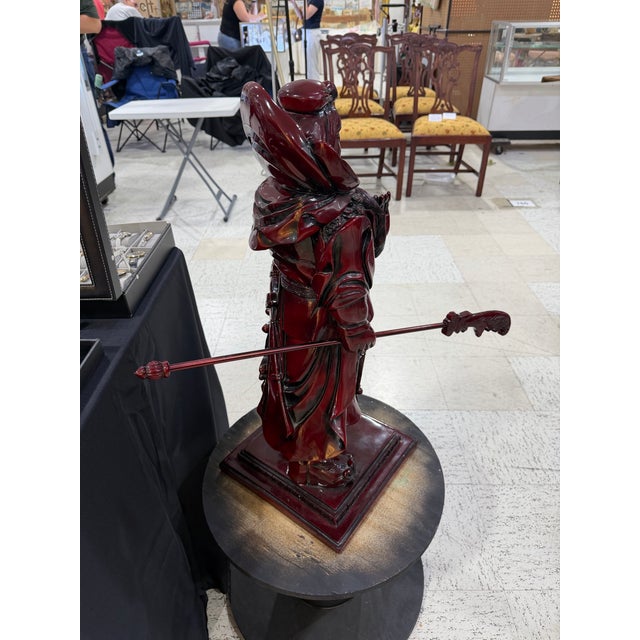 Vintage Red Wood Chinese Dragon Warrior Statue Guan Large 12x12x29 For Sale - Image 4 of 8