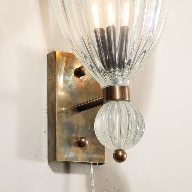 This elegant pair of modernist sconces were handblown in Murano, Italy- the island off the coast of Venice renowned for...