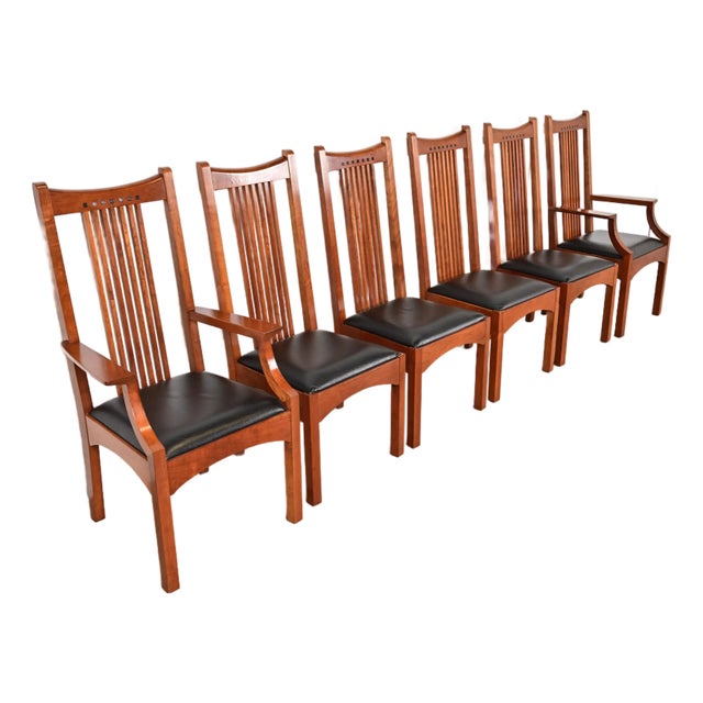 Stickley Mission Arts & Crafts Cherry Wood High Back Spindle Dining Chairs, Set of Six For Sale