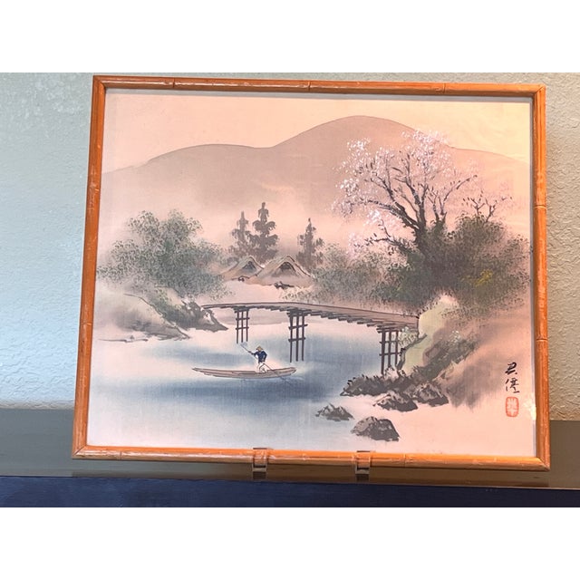 Textile Mid 20th Century Japanese Silk Painting Signed Kasen Vintage Cherry Blossom River Landscape 17x15 For Sale - Image 7 of 7