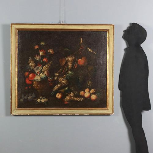 Oil on canvas. Lombard School, 18th century. The composition, set against a dark background, features a large branch laden...