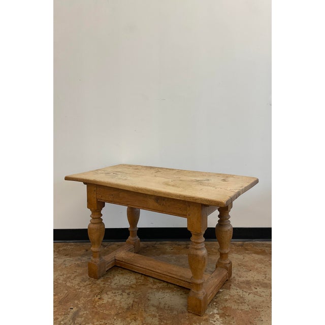 Vintage solid oak farmhouse low table with turned legs and stretcher base. Beautiful wear and patina from age and use....