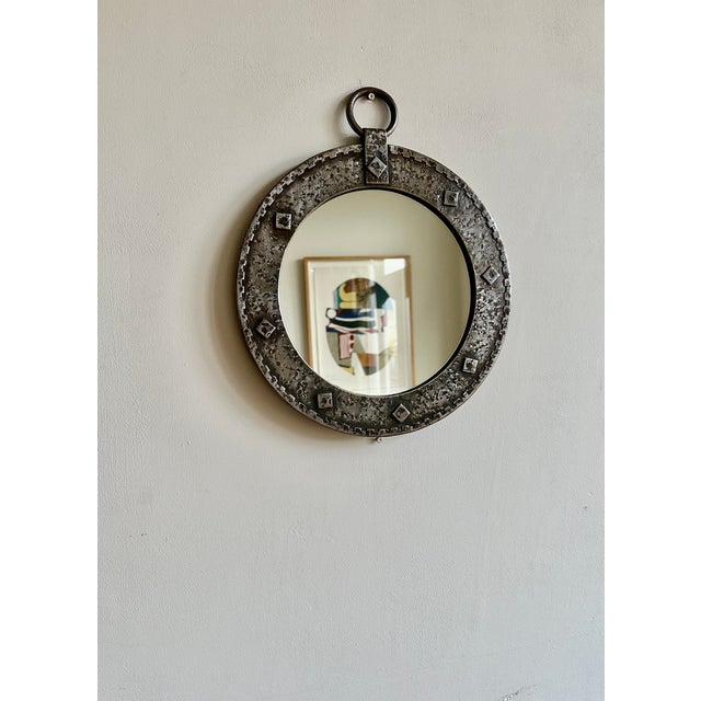 Gray French Brutalist Round Wall Mirror, 1950 For Sale - Image 8 of 11