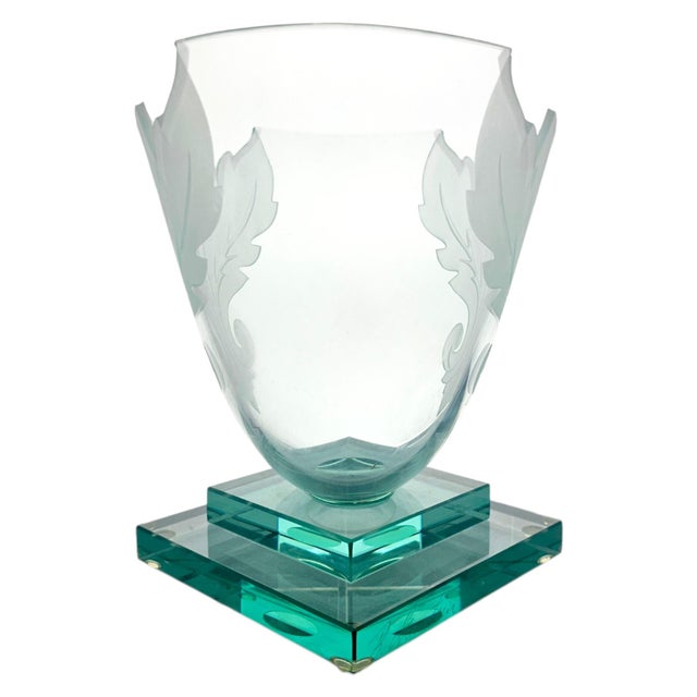 Glass Circa 1990 Robert Guenther Signed Aqua Etched and Frosted Art Glass Leaf Vase For Sale - Image 7 of 12