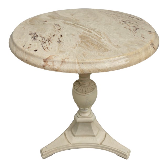 Round Faux Marble Top Side Table Plant Stand -Off White and Cream For Sale