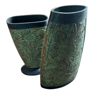 Vintage Floral Engraved Metal Brown/Green/ Black Vases, Made in India - Set of Two For Sale