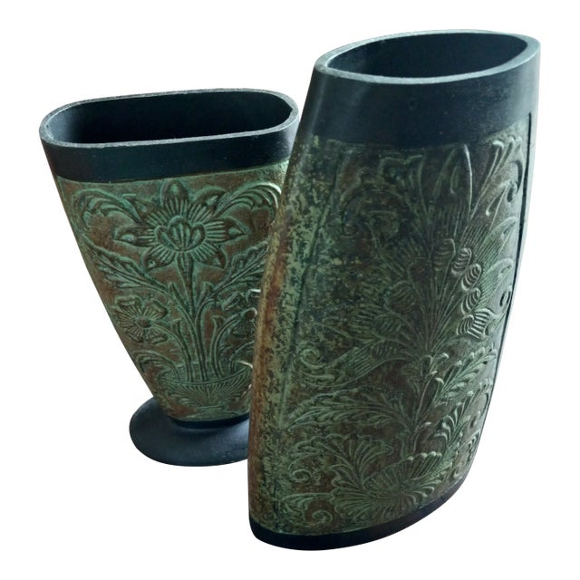 Vintage Floral Engraved Metal Brown/Green/ Black Vases, Made in India - Set of Two For Sale